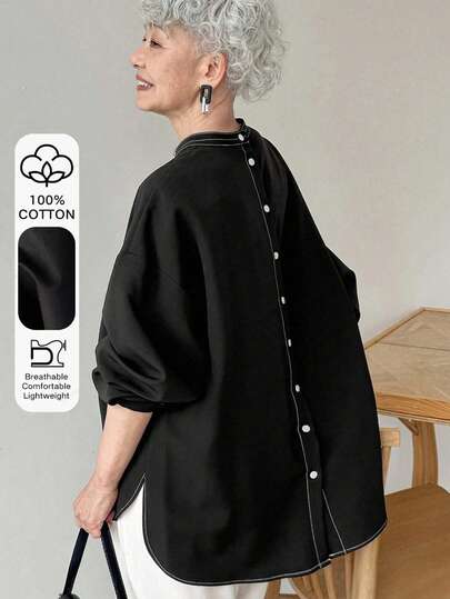 FRIFUL Women's Solid Color Loose Casual Blouse With Contrast Button, Contrast Stitching And Side Slit, Versatile Spring Outfit, 100% Cotton Back Design