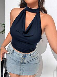 SHEIN EZwear Navy Blue Romantic Plunging Neck Plus Size Camisole, Spring, Summer Tops - Navy Blue - View 1