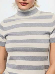 COUREZ High Neck Short Sleeve Stripe Knit Top /Y2K Spring Going Out Tops Black Top Sexy Going Out Cue Tops Festival - Grey - View 6
