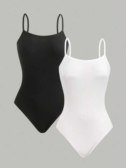 SHEIN 2pcs/Set Teen Girls' Black & White Solid Color Casual Versatile Snug Fit Jumpsuit