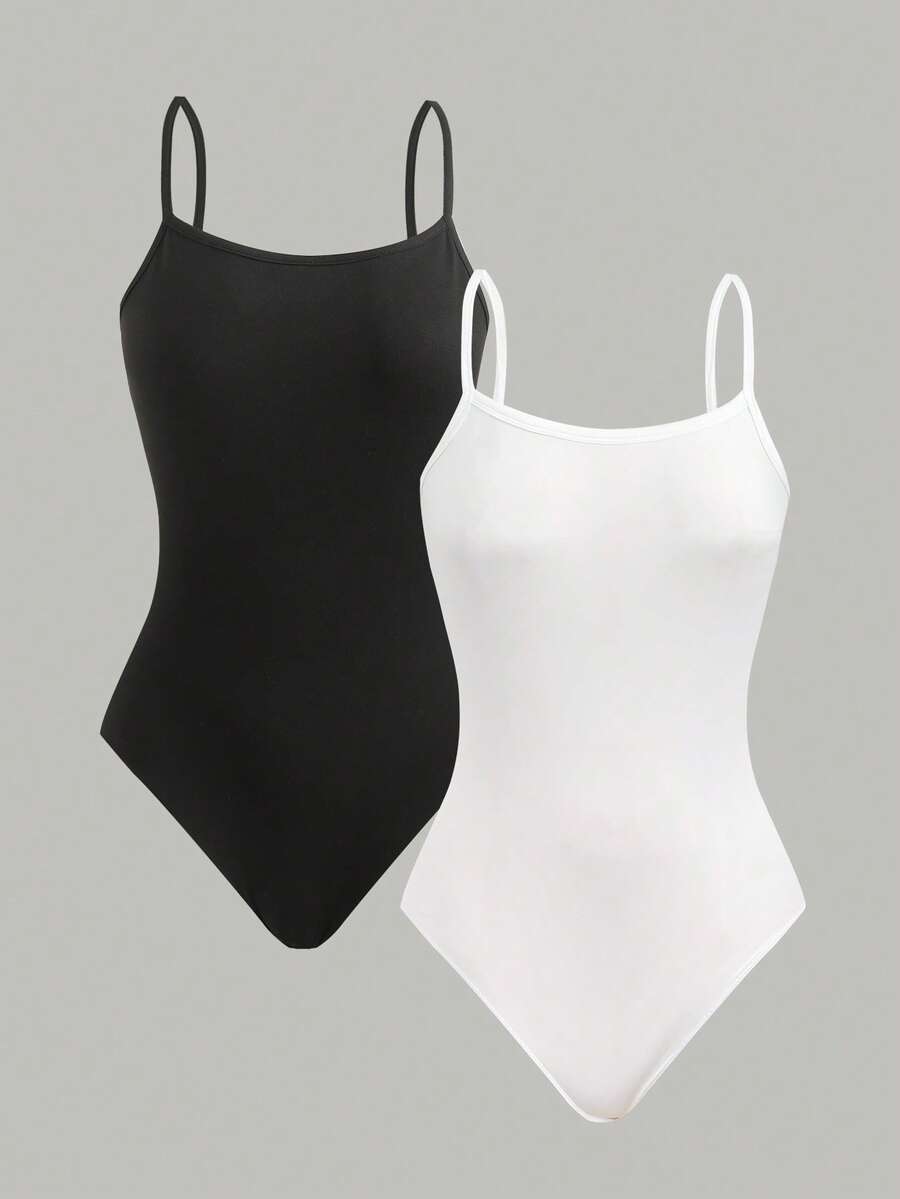 SHEIN 2件套少女黑白纯色休闲百搭修身连体裤 - 黑與白 - 查看 1
