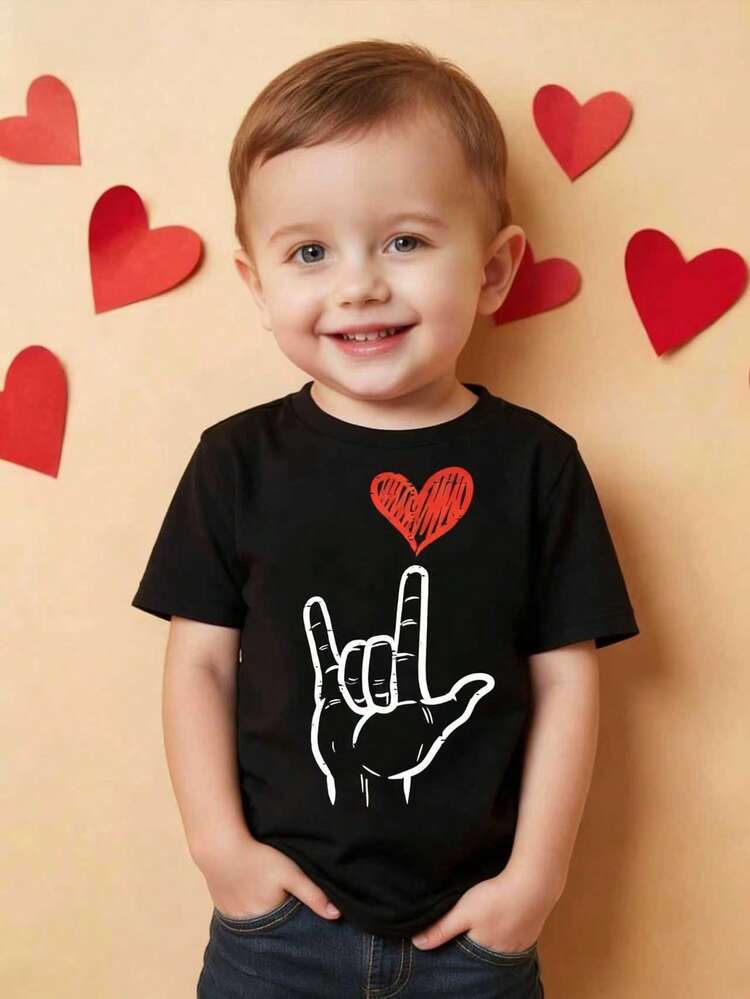 Camiseta de manga corta con cuello redondo para niños pequeños/bebés de 6 meses a 3 años, con estampado de corazones y letras, adecuada para el Día de San Valentín, fiestas y uso casual, con un estilo dulce y fresco, decoración de corazones, apropiada para primavera/verano - Negro - Añade 1