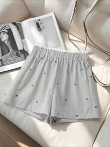 GlowEve Women's Lazy Casual Striped Lace Shorts With Bow Tie Waist Straight Wide Leg - Khaki - View 1