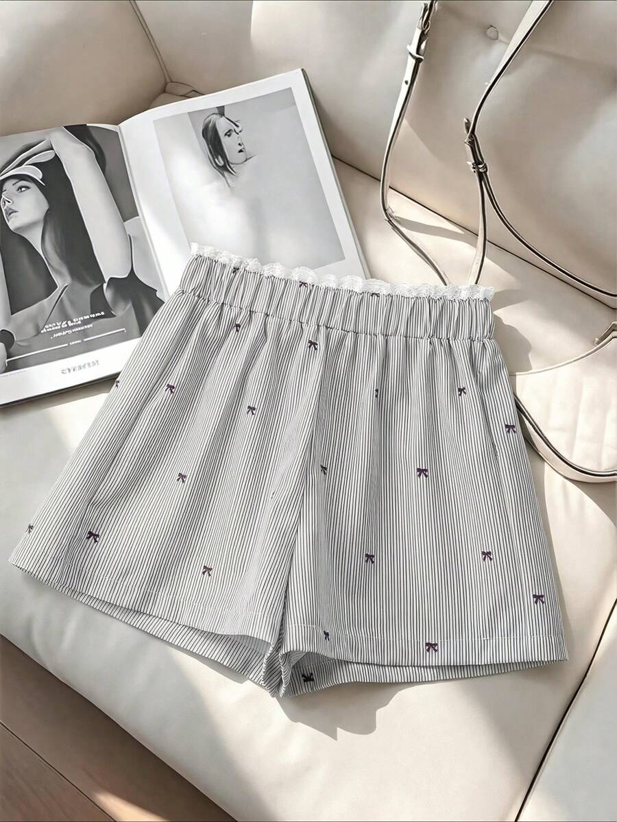 GlowEve Women's Lazy Casual Striped Lace Shorts With Bow Tie Waist Straight Wide Leg - Khaki - View 1