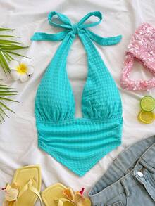 Soleia Top corto ajustado con cuello de halter y tirantes anudados, con bajo triangular, de tela texturizada, adecuado para vacaciones, festivales de música, estilo bohemio, días festivos, citas, tardes de té - Azul - Ver 4