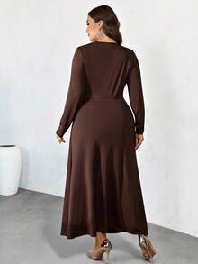 Firerie Đầm dài tay thanh lịch dành cho nữ cỡ lớn, kiểu dáng bất đối xứng, bèo nhún vai, eo chun, thích hợp cho mùa xuân, hè, thu và đông. - màu nâu - Xem 3
