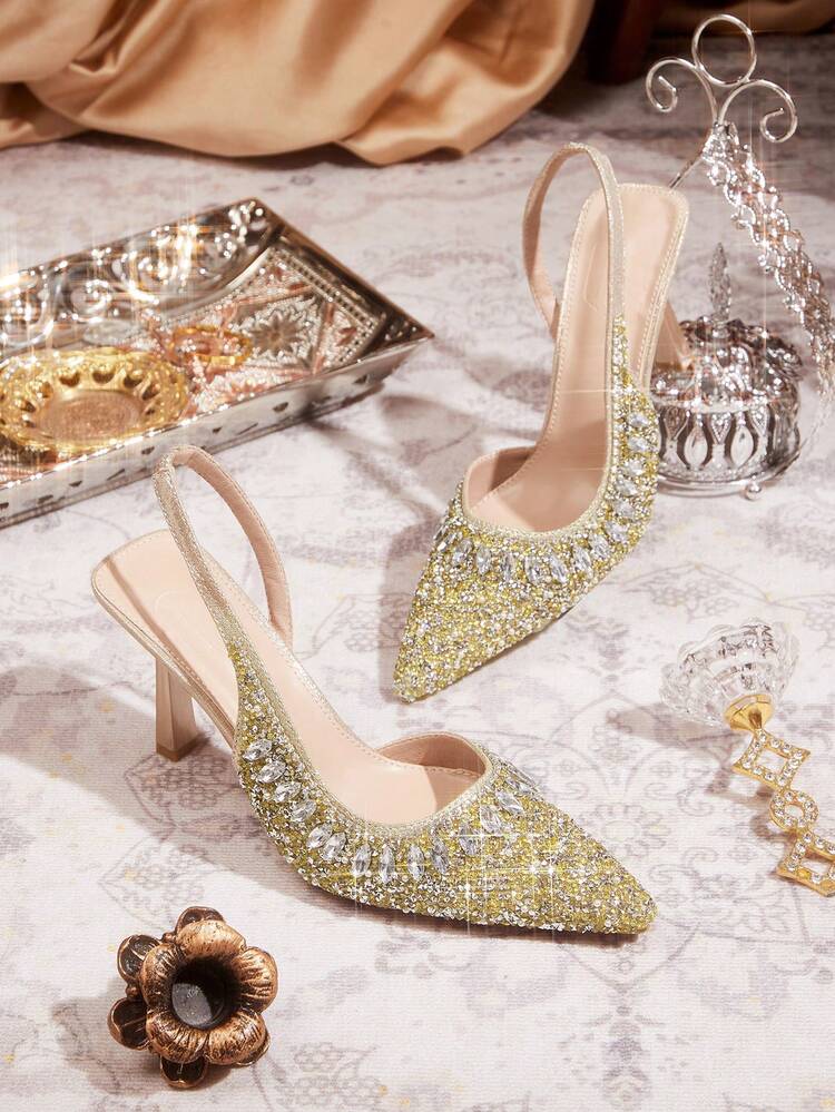 CUCCOO TILAWA Women Shoes Pointed Slender Heel Golden Rhinestone Gorgeous Fashion Party Banquet Wedding Ladies High Heel Shoes Slingback Women's Shoes