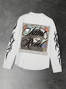 GENIUS ODE 街头风暗黑天使印花长袖T恤，宽松圆领男士图案T恤 - 白色 - 查看 2