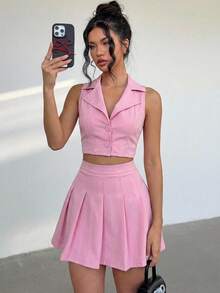 set 2 piezas falda tableada y chaleco, casual - Rosa - Ver 2
