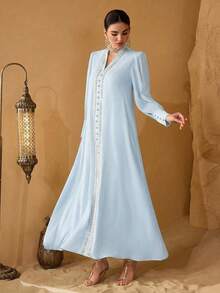 SHEIN Najma Elegant Floral Lace Patchwork Women Simple Fashionable Young Dress - Baby Blue - View 4