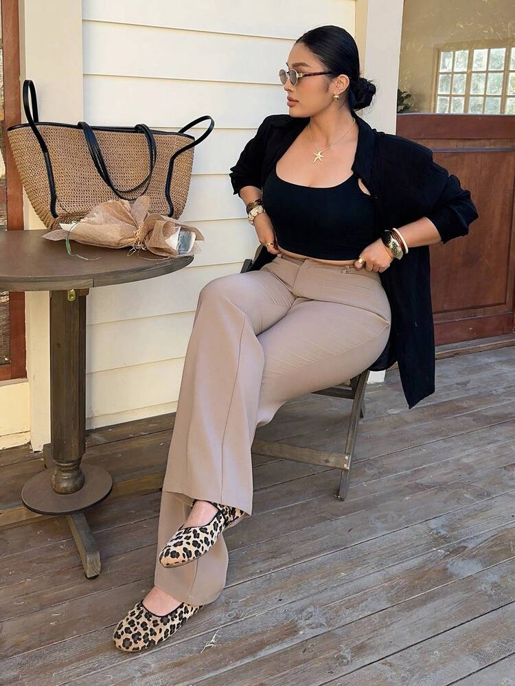 Dazy Plus Stretchy Slim Fit Flared Pants, Versatile Commuter Style, Plus Size Women, All Season