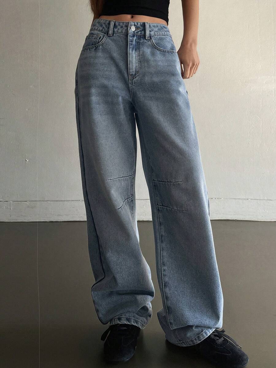 Livesso 女士带口袋纽扣休闲百搭日常穿着阔腿牛仔裤 - 藍色 - 查看 1