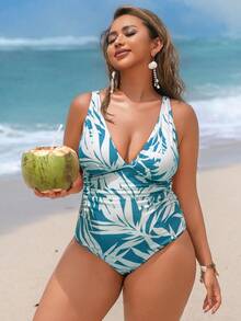 Swim Vcay Áo tắm liền thân cỡ lớn 1 mảnh in họa tiết lá cây ngẫu nhiên, cổ chữ V, xếp ly, dây đeo có thể điều chỉnh, thanh lịch, gợi cảm, thích hợp cho kỳ nghỉ biển, dành cho nữ. - Nhiều màu - Xem 5