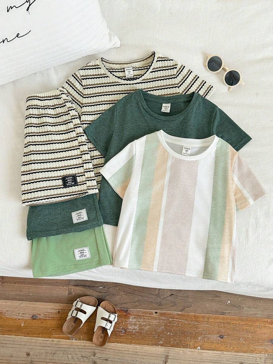Set 6 pcs Unisex untuk Anak Laki-laki/Perempuan, Kaos Lengan Pendek Bergaris Kasual dan Celana Pendek, Pakaian Modis Musim Semi/Panas - Hijau - View 1