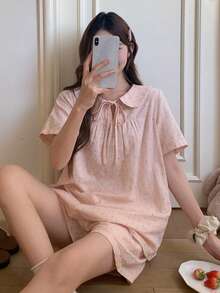 DAZY 女士可爱波点印花系领娃娃衫睡衣套装 - 粉色 - 查看 12