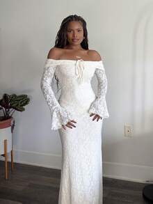 Tyla Gomez Women Off Shoulder Long Sleeve Front Tie Bodycon Dress,New Years Dress Women,New Year Party Dress,Valentine's Day,Tea Party Dress,White Graduation Dress - Beige - View 5