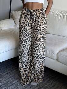 Tyla Gomez Women's Tie-Waist Fluffy Leopard Print Casual Wide Leg Baggy Pants - Multicolor - View 4