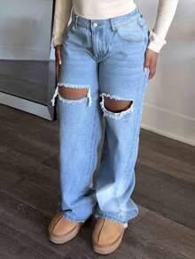 Tyla Gomez Single Button Cut Out Ripped Frayed Wide Leg Jeans - Light Wash - View 4