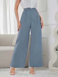 Modelyn 女士纯色腰部纽扣设计阔腿宽松优雅裤 - 藍色 - 查看 3