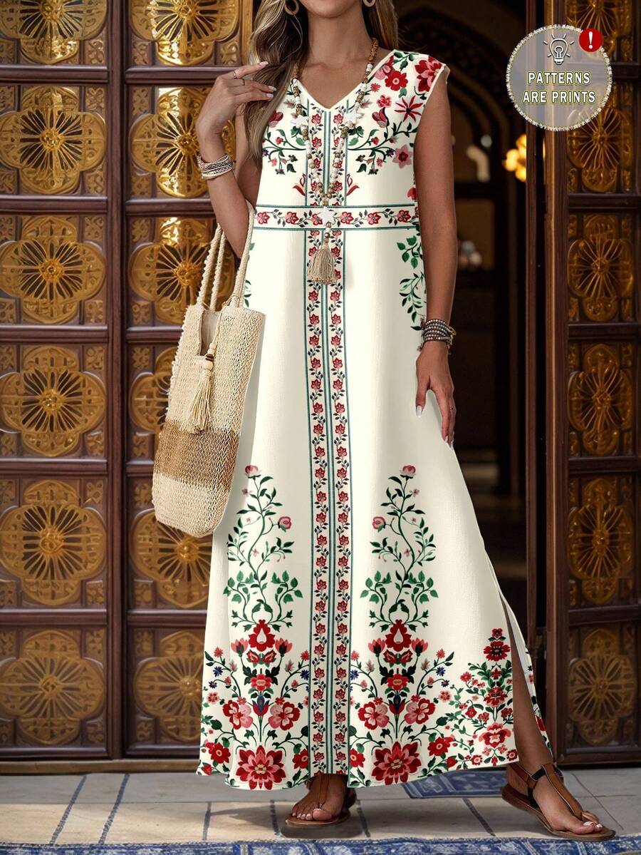 女士V领印花复古波西米亚风无袖连衣裙，适合春夏季海滩度假、春假、波西米亚热带岛屿婚礼周年纪念伴娘派对等场合。 - 彩色 - 查看 1