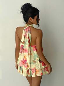 Aloruh Đầm ngắn cổ yếm thoải mái, phong cách tối giản, thanh lịch, retro, họa tiết hoa màu nước nhuộm tie-dye, thích hợp cho bãi biển, kỳ nghỉ, sinh nhật, mùa xuân/hè. - Nhiều màu - Xem 2