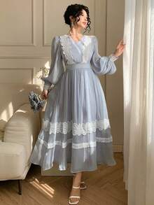 DAZY Women's V-Neck Lace Patchwork Waist Dress, Elegant Resort Style Sundress - Gray Blue - View 1