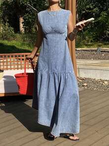 DAZY Women's Summer Round Neck Sleeveless Asymmetric Hem Vacation Washed Denim Dress - Medium Wash - View 2