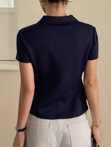 DAZY Áo thun ngắn tay cổ bẻ, thắt eo, dáng croptop dành cho nữ - Màu xanh hải quân - Xem 4