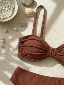 Slaydiva Plus Size Elegant Vacation Tie-Up Swimsuit Set - Brown - View 8