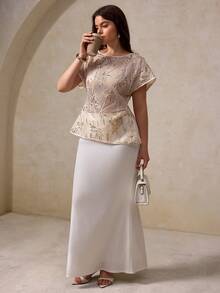 Elegantrix 1件大码女式亮片刺绣薄纱褶皱腰部A字修身优雅衬衫，适合工作和休闲穿着，春夏款 - 杏色 - 查看 6