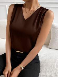 EMERY ROSE 女士简约优雅纯色褶皱V领衬衫，夏季 - 巧克力棕 - 查看 1