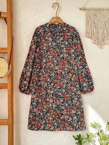 EMERY ROSE Plus Size Women Notched Neck Floral Print Casual Long Sleeve Dress - Multicolor - View 5
