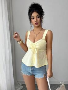 Selianne Women's Pale Yellow Summer Elegant Textured Jacquard Tank Top,Cute Babydoll Blouse,Patterned Sleeveless Shirt For Brunch,Fashionable Crew Neck - Yellow - View 5