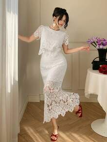 DAZY Hollow Lace Blouse & High Waist Skirt Set, Fashionable & Elegant, Slimming, Gentle Style For Women Summer - Beige - View 5