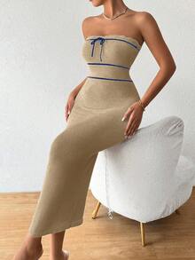 Pariaura Women's Autumn/Winter Strapless Knit Sexy Dress, High-Quality Vacation Style Long Dress - Khaki - View 6
