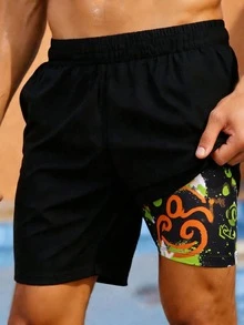 儿童/青少年男童休闲多功能舒适黄色小鸭印花宽松拼接衬里泳裤沙滩装、泳衣、青少年泳装、青少年泳装、男童鸭子短裤、男童黄色短裤、鸭子泳装、男童泳裤短裤、黄色鸭子短裤 - 黑色 - 查看 8