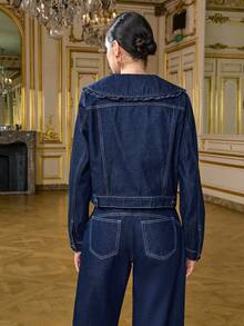 LOTSLUV 女士藏蓝色牛仔翻领荷叶边宽松牛仔外套 - 藍色 - 查看 2