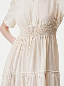 Aalyst 女士春夏斜纹亚麻法式优雅职业装度假休闲下午茶浪漫高端圆领褶皱腰部A字中长连衣裙，短袖 - 杏色 - 查看 7