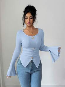 Elenzga Áo thun dài tay đơn giản màu trơn, ôm dáng, bất đối xứng, đính cúc kim loại, xẻ tà, tay loe, thời trang thu đông dành cho nữ. - Màu xanh lam - Xem 3