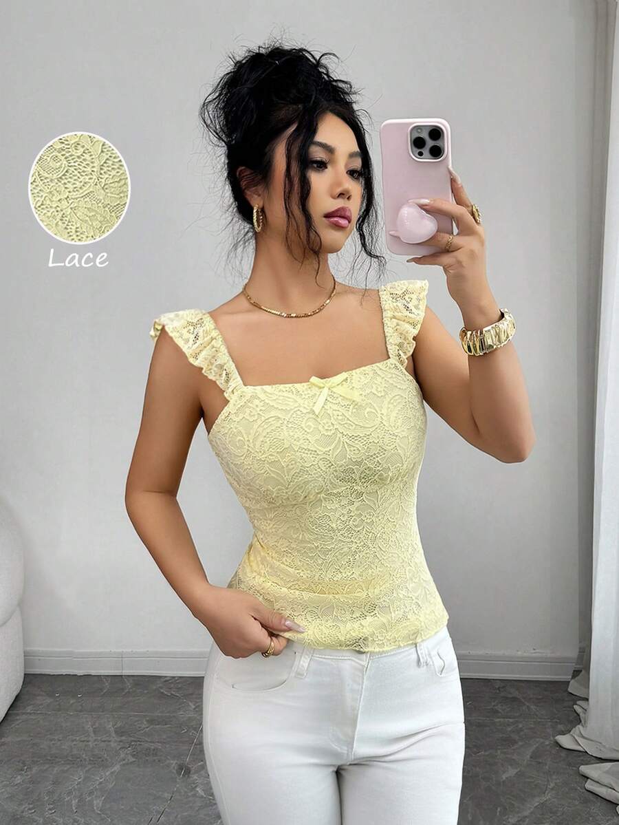 SHEIN Elenzya Elegant Sleeveless Women's Top. Soft Lace Fabric In Light Yellow, Ruffle Hem Flattering Slim Fit Design, Suitable For Daily Outings, Commuting, Dates, Parties, And Various Occasions - Yellow - View 1