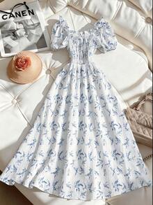GlowEve Vestido de línea A con cuello con volantes, mangas abultadas y estampado floral diminuto elegante para mujer, primavera/verano - Blanco - Ver 3
