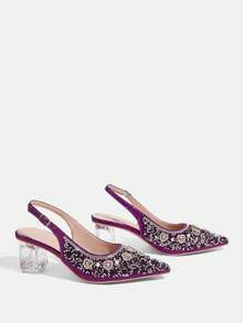 CUCCOO TILAWA Women's Crystal Heel Glass Rhinestone Pointed Toe Purple High Heel Pumps, Suitable For Outings, Banquets, Parties And Other Events - Purple - View 3