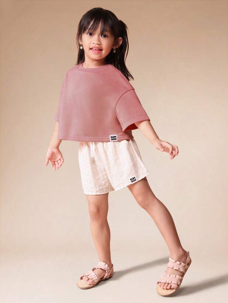 Summer Graphic Sweatshirt With Striped Shorts Set