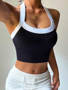 Dewbera 女士休闲运动撞色露背吊带背心 - 黑色 - 查看 4