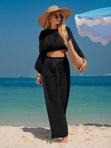 Breezaya Bộ đồ nữ gồm áo trễ vai và quần ống rộng, phong cách Hàn Quốc thanh lịch, màu trơn, dáng rộng, thoải mái, thời trang, tôn dáng. - màu đen - Xem 3