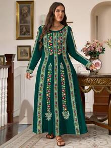 EMERY ROSE 大码女式复古印花圆领长袖带口袋休闲连衣裙，秋季 - 彩色 - 查看 3