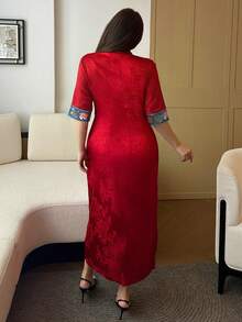 Vibekara 大码女式中国风新款旗袍领收腰半袖短裙，飘逸缎面质感，优雅流苏饰边，复古休闲连衣裙，适合约会和聚会，中国红 - 紅色 - 查看 2