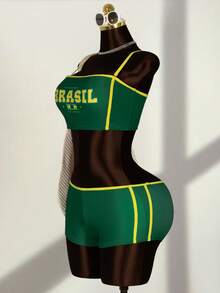 Zestiva Bộ đồ bơi tankini quây ngực màu xanh lá cây tối giản in chữ, phối màu tương phản, thích hợp cho bơi lội, tiệc bể bơi, kỳ nghỉ và đi biển dành cho nữ, phù hợp cho bơi lội, tiệc bể bơi, kỳ nghỉ và đi biển. - màu xanh lá - Xem 3