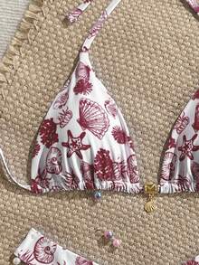 Swim Mod 2件套夏季度假随机印花金色贝壳装饰挂脖比基尼上衣和高衩泳裤性感泳装套装波西米亚风比基尼贝壳印花比基尼套装碎花比基尼樱桃泳衣女士波西米亚风泳装 - 彩色 - 查看 3