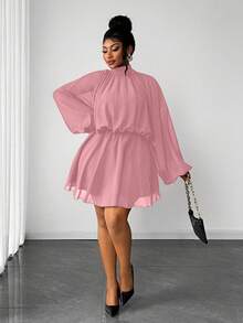 Maweii Plus Size Women's Solid Color Stand Collar Lantern Sleeve Pleated Fashion Dress - Pink - View 5